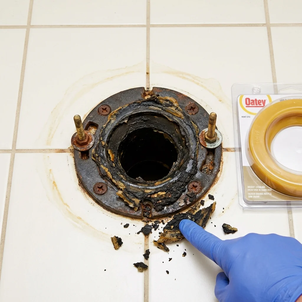 Failed wax ring showing water seepage at the base of a toilet in a Warsaw, VA home